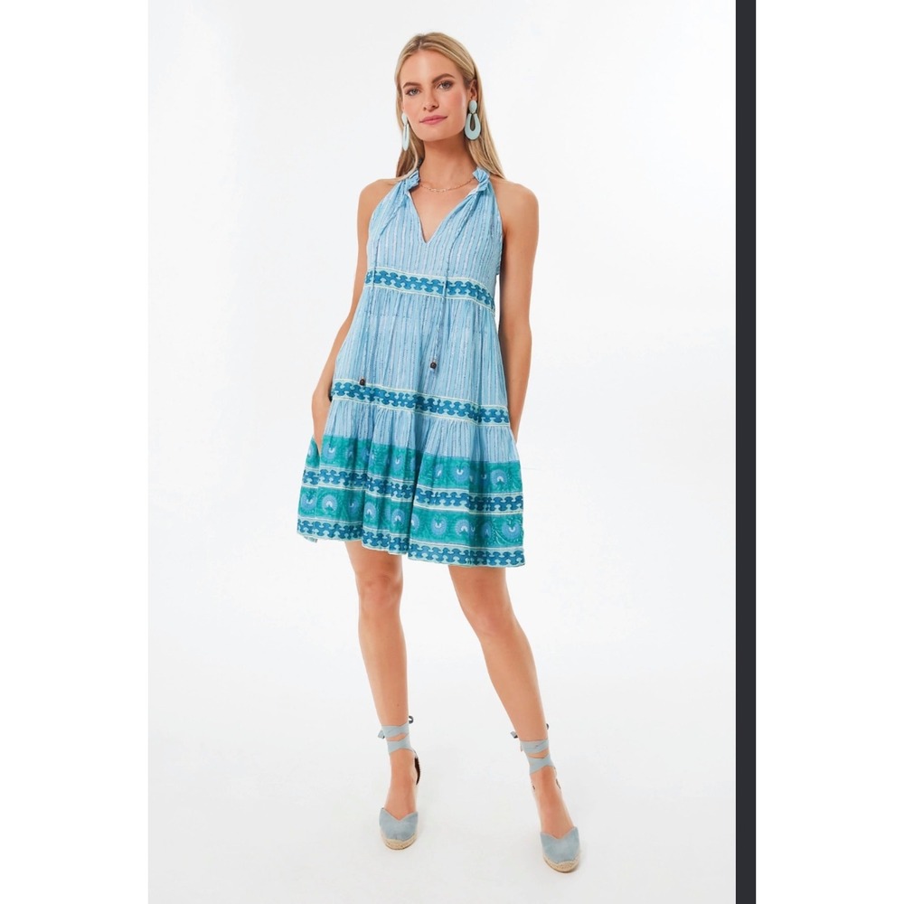 OLIPHANT sleeveless tiered short mini dress in marley blue Cotton Sz Small